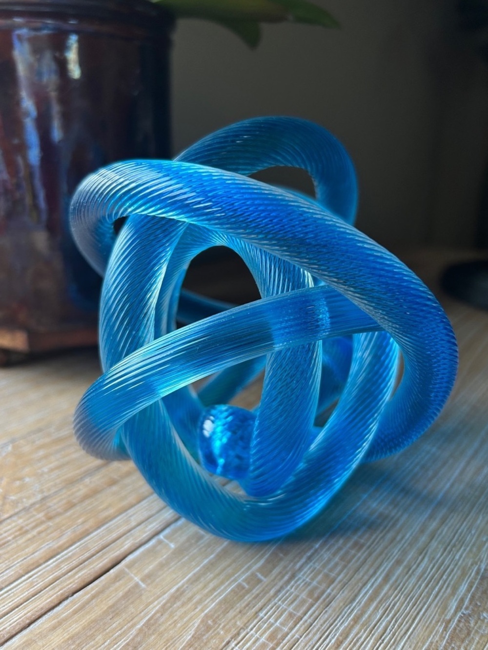 Large Vintage MCM Blue Art Glass Orb Twisted Rope Knot Hand Blown Sculpture. - Picture 6 of 11